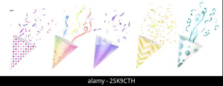 Party Konfetti Poppers Set - Papierkonfetti-Behälter mit platzierenden Bändern, Streuern und Punkten. Festspielgeräte mit farbenfrohen Dekorationselementen für Geburtstage und Festivals. Stock Vektor