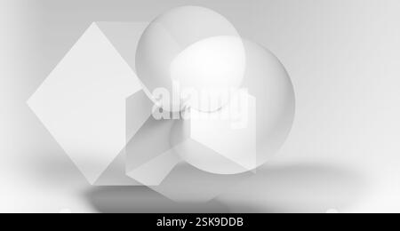Abstrakter weißer Minimalhintergrund mit sich überschneidenden geometrischen Formen, 3D-Darstellung mit Panoramablick Stockfoto