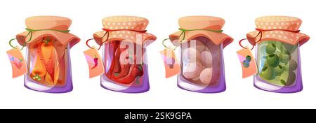 Isolierte JAR-Dateien auf weißem Hintergrund beibehalten. Vektor-Karikaturillustration von Glasbehältern mit Papieretiketten, salzigen eingelegten Karotten, Chili-Pfeffer, Pilzen und Oliven, natürliche hausgemachte Lebensmittel Stock Vektor