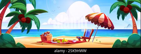 Picknickszene am Strand mit Korb, Sandwich und Obst auf roter Decke, Liege unter gestreiftem Sonnenschirm. Sandige Uferlandschaft umgeben von Palmen, blauem Meer und weißen Wolken am sonnigen Himmel. Stock Vektor