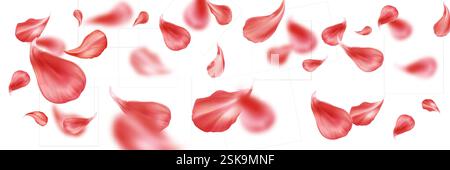 Rote Rosenblätter, die in der Luft schweben, mit verschwommenem Bewegungseffekt auf weißem Hintergrund. Verstreute karmesinrote Blumenelemente in dynamischer Komposition für romantisches Design oder Hochzeitsdekoration. Fliegendes Blütenblatt. Stock Vektor