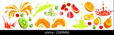 Heller Saft spritzt mit frischen Früchten – leuchtende orangene Flüssigkeitsausbrüche, Limettengrüne Spritzer, rote Beeren, Zitrusscheiben, Kiwi, Birne und Aprikose. Dynamisches Getränketropfen-Set für sommerliche Cocktails. Stock Vektor