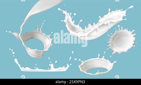 3D-Milchspritzer werden isoliert auf Hintergrund gesetzt. Vektor realistische Illustration der weißen Farbe, Cremewelle, Joghurt Swirl mit fliegenden Milchtropfen, Hautpflege kosmetische Lotion, Protein Milchshake Textur Stock Vektor