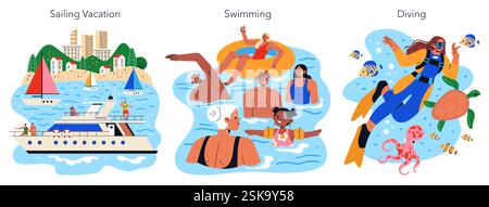Strandurlaubskonzept. Ein herrlicher Strandurlaub mit Segeln, Schwimmen und Tauchen. Genießen Sie Spaß in der Sonne, erkunden Sie die Wasserwelt und entspannen Sie sich auf dem Wasser. Vektorabbildung. Stock Vektor