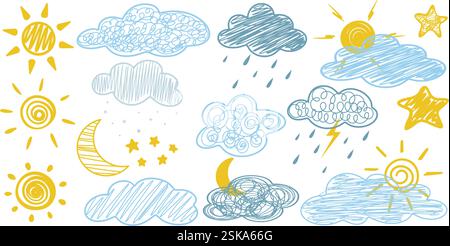 Hand gezeichnete Kreide untergehende Wolken, Sonne, Mond, Sterne, Schnee, Regen Stock Vektor