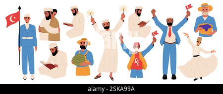 Gruppe von Menschen während traditioneller muslimischer Feiertage. Siegestag, Unabhängigkeitstag, Neujahr, wirbelnder Derwisch, Wassermelonen- und Traubenfest, Ramadan Mu Stock Vektor