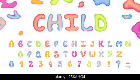 Buntes Kinderalphabet mit gerundeten und glatten Buchstaben und Zahlen Stock Vektor