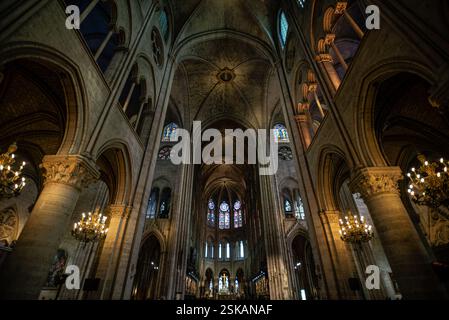 Inneres der Kathedrale Notre Dame mit gotischen Gewölben und Kronleuchtern - Paris, Frankreich Stockfoto
