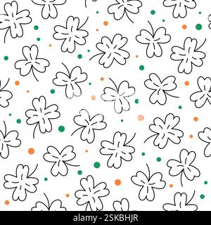 St. Patricks Day Doodle-Muster mit Schamrock. Nahtloser weißer Hintergrund und Kleeblätter. St. Patricks 17. März, Feiertagshintergrund. Vektor flach Stock Vektor