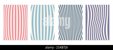 Set mit groovigem Wellenstreifen. Handgezeichnete groovige Hippie-Hintergründe. Verzerrte vertikale Streifen, verzerrte Streifen, flüssige Wellenlinien, Kritzelwellen Stock Vektor