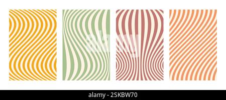 Set mit groovigem Wellenstreifen. Handgezeichnete groovige Hippie-Hintergründe. Verzerrte vertikale Streifen, verzerrte Streifen, flüssige Wellenlinien, Kritzelwellen Stock Vektor
