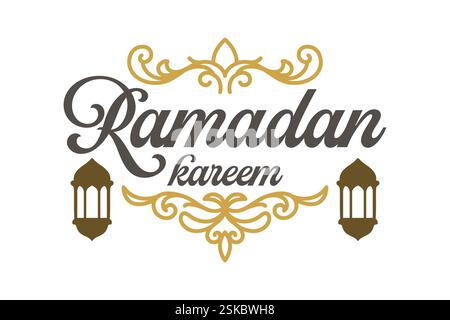 Ein elegantes Design mit den Worten Ramadan Kareem, kunstvolle Blüten und traditionelle Laternen. Stock Vektor