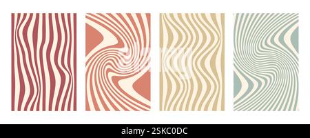 Set mit groovigem Wellenstreifen. Handgezeichnete groovige Hippie-Hintergründe. Verzerrte vertikale Streifen, verzerrte Streifen, flüssige Wellenlinien, Kritzelwellen Stock Vektor