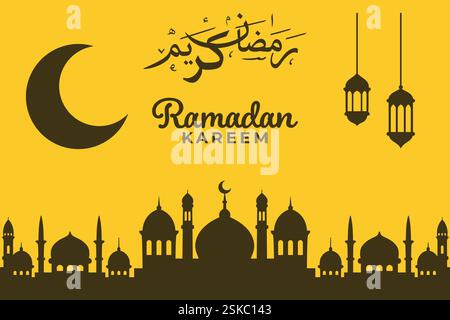 Ein Ramadan-Kareem-Gruß zeigt eine Moschee-Silhouette, einen Halbmond und hängende Laternen auf gelbem Hintergrund. Stock Vektor