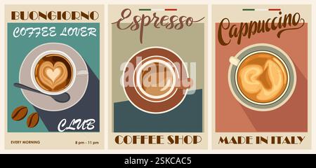 Set mit Postern im Retro-Stil mit verschiedenen Kaffeesorten Stock Vektor