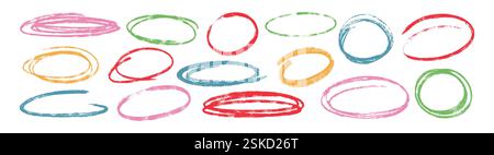 Vektorsatz von Hand gezeichneten Kritzelkreiden Ovalen und Hervorheben von Kreisen. Farbige Kreidebleistifte betonen Elementformen und Freihand-Ellipsen. Handgezeichnete Holzkohle, raue runde Rahmen, Kritzeleien, umkreiste Linien Stock Vektor