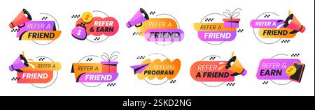 Vektorsatz für Empfehlungsabzeichen. Aufkleber für das Empfehlungsprogramm für Mitarbeiter. Sprechblasen mit Smartphone und Megaphon-Symbolen. Marketing-Design-Etiketten, Schilder für Empfehlungen, Zusammenarbeit mit Unternehmensnetzwerken Stock Vektor