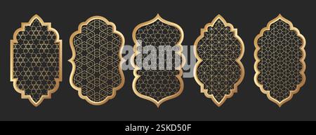 Goldene islamische Fensterformen. Goldene Rahmen mit traditionellem arabischem Ornament. Moscheebögen, ramadan kareem-Türen, Tore auf schwarzem Hintergrund. Muslimische Architekturelemente, marokkanische Luxusgrenzen Stock Vektor
