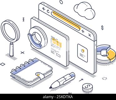 Digitale Geräte, Schreibwaren und Suchwerkzeuge, die ein modernes Arbeitsraumkonzept und Produktivität betonen. Online-Business-Workflow-Konzept. Modern Stock Vektor