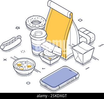 Farbenfrohe Stylenkunst präsentiert eine Sammlung von Fast Food-Artikeln, darunter eine Tasche zum Mitnehmen, Getränke, Snacks und ein Smartphone. Abbildung des isometrischen Vektors Stock Vektor