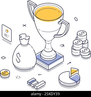 Trophäe für den Sieg, umgeben von verschiedenen Finanzsymbolen wie Münzen, einer Geldtasche und Diagrammen. Er betont Erfolge und Erfolge im Bereich Bus Stock Vektor