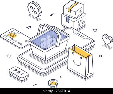 Anordnung von Komponenten für den Online-Einkauf, einschließlich eines Warenkorbs, eines Smartphones, Zahlungssymbole und gelieferte Pakete. Online-Bestellung von Lebensmitteln und Stock Vektor