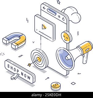 Mobilgerät mit einer Videoanzeige, umgeben von Marketingelementen, wie einem Lautsprecher, einem Magneten und einem Call-to-Action-Symbol, die effektive e hervorhebt Stock Vektor