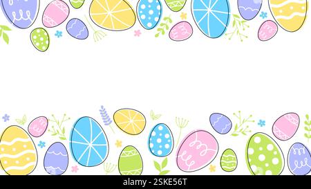 Ostereier Zusammensetzung handgezeichnet schwarz auf weißem Hintergrund. Dekorativer horizontaler Streifen aus Eiern mit Kritzelblättern. Stock Vektor