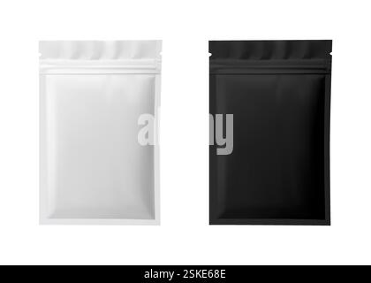 Schwarz-weiße Papiertasche. Weißer Beutel Vektor leere Paket Modell, kleine Schablone, Zucker oder Teebehälter. Kissenbeutel, matte Verpackung, Suppe, Süßigkeiten oder Stock Vektor