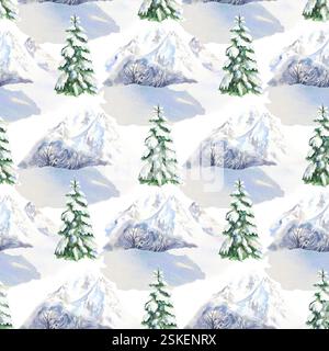 Winterlandschaft mit schneebedeckten Bergen, Schneewehungen, Tannen. Nahtloses Muster. Handgezeichnete Aquarellillustration. Geschenkpapier, Textil, Abdeckungen, f Stockfoto