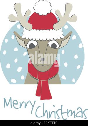 Weihnachtsgrußkarte mit dem Kopf eines Rentiers, der als Weihnachtsmann verkleidet ist Stock Vektor