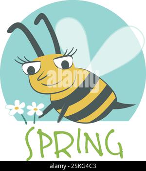 Banner zur Ankündigung des Frühlings mit einer niedlichen fliegenden Biene. Stock Vektor