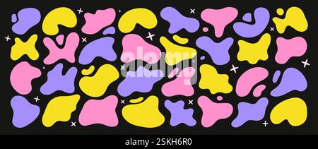 Freiform. Satz abstrakter, farbenfroher organischer flüssiger Formen. Moderne grafische Designelemente. Vektorabbildungen isoliert auf schwarzem Hintergrund Stock Vektor