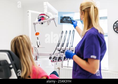 Die Zahnärztin untersucht mit ihrem Patienten ein Röntgenbild von Kiefer und Zähnen. Stockfoto