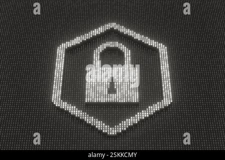 Raster aus Blöcken zufälliger Binärzahlen mit einigen hervorstehenden Zahlen, um ein leuchtendes Muster des Vorhängeschlosses im Sechseck zu bilden. Cybersicherheit, Datenverschlüsselung und Firewall Stockfoto