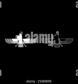 Zoroastrismus Religion Faravahar Zorostrisches Symbol Parsi Set Icon weiß Farbe Vektor Illustration Bild einfache Vollfüllung Umriss Kontur Linie dünn Stock Vektor