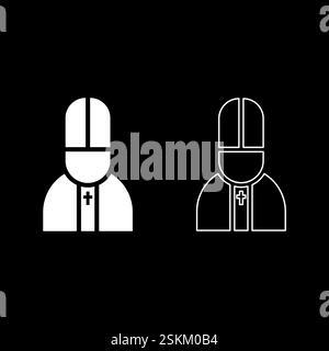 Papst katolischer Mann Kirche Bischof Set Icon weiße Farbe Vektor Illustration Bild einfache Vollfüllung Umrisslinie dünne flache Art Stock Vektor