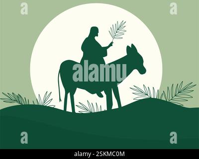Palmensonntag. Karwoche. Silhouette von Jesus Christus, der auf einem Esel sitzt. Stock Vektor