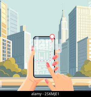 Vektorillustration Spaziergang durch die Stadt. Navigation. Hände halten das Handy und zeichnen die bewegliche Route auf dem Telefonbildschirm. Stadtplan. Lage Reise L Stock Vektor