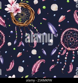 Nahtloses Muster mit ethnischen handgefertigten, gewebten Weidenreif für einen Traumfänger, Perlen am Seil Perlen an einem Seil mit Federn, Muscheln Aquarell Stockfoto