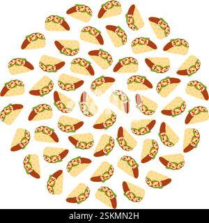 Taco Gemüse- und Fleischfüllung Kreisförmige Hintergrundtextur. Hintergrund-Idee für Themen- oder Menükarten. Isolierte Vektor-Illustration Taco Day Grußdruckmaterial, Preisschild, Etikett oder Web-Promo-Banner Stock Vektor