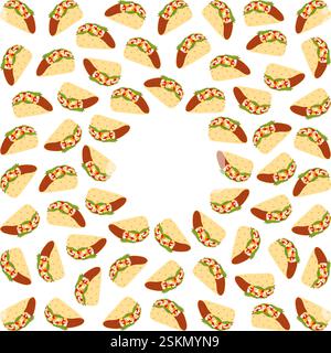 Taco-Fleisch- und Gemüsefüllung mit kreisförmigem Rahmen. Taco Day Gruß oder Karten Copyspace Vorlage. Isolierte Vektor-Illustration Grußkarten Poster, Banner, Broschüre, Grüße, Tag, Label oder Web Stock Vektor