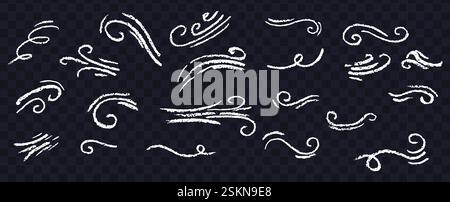 Satz schwarzer Bewegungslinien. Sammlung moderner abstrakter Windsymbole. Handgezeichnet mit Wachs, Kreide oder Holzkohlestift Cartoon lockiges Quietschen, Bastelwetter Stock Vektor