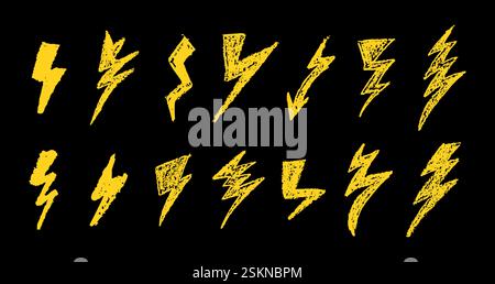 Set von Blitz durch Wachsstift Zeichnung. Sammlung von handgezeichneter Kreide, Lichthupen, Doodle Donner Bolts, goldenen Designelementen Stock Vektor