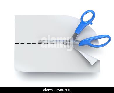 Schere schneidet Papier – 3D-Illustration Stockfoto