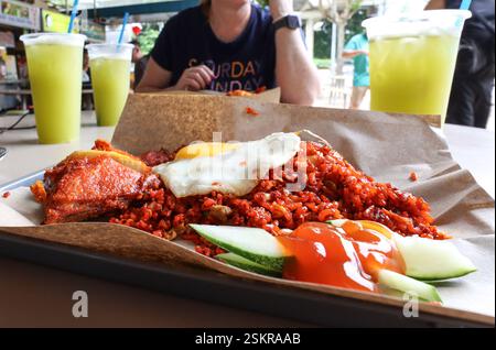 Singapore Street Food, Nasi Goreng, ein scharfes Hühnchen- und Reisgericht, das in einem Singapore Hawker Center serviert wird Stockfoto