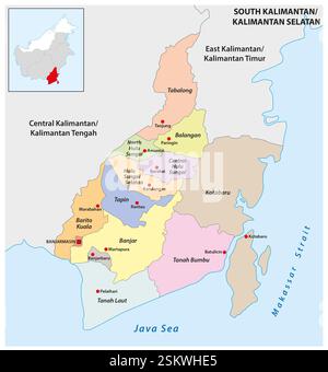 Verwaltungskarte der indonesischen Provinz South Kalimantan, Borneo Stockfoto