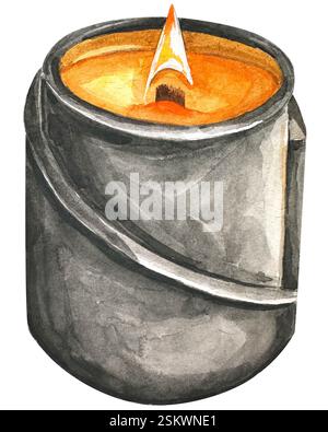 Wärmende Kerze mit Feuer, handgezeichnete Illustration. Illustrationsdesign mit Kerzenmotiv. Elementdesign für Einladung, Karten, Social Post, Werbung, Cover Stockfoto