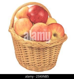 Frische reife Apfelfrüchte, beigefarbener Korb, große detaillierte vertikale Nahaufnahme, rot-reife saftige Frucht, natürliches Schienen Weidenmuster Stockfoto