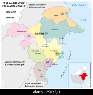 Verwaltungskarte der indonesischen Provinz East Kalimantan, Borneo Stockfoto